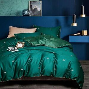 Deep Emerald Green 100% Polished COTTON KING Duvet Cover Set Embroidered BEES